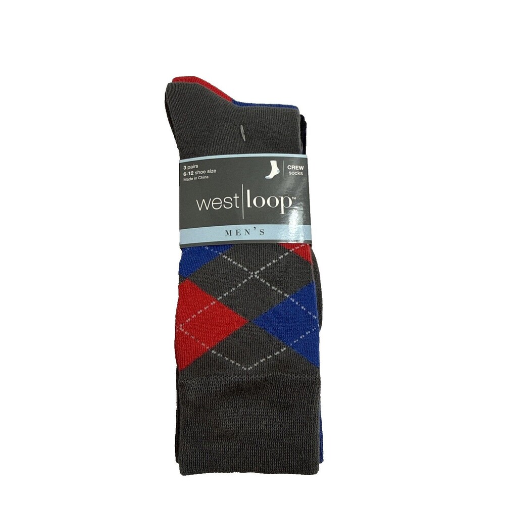 West Loop Crew Argyle & Solid Socks 3-Pair Men's Size 6-12 Blue Black Grey New